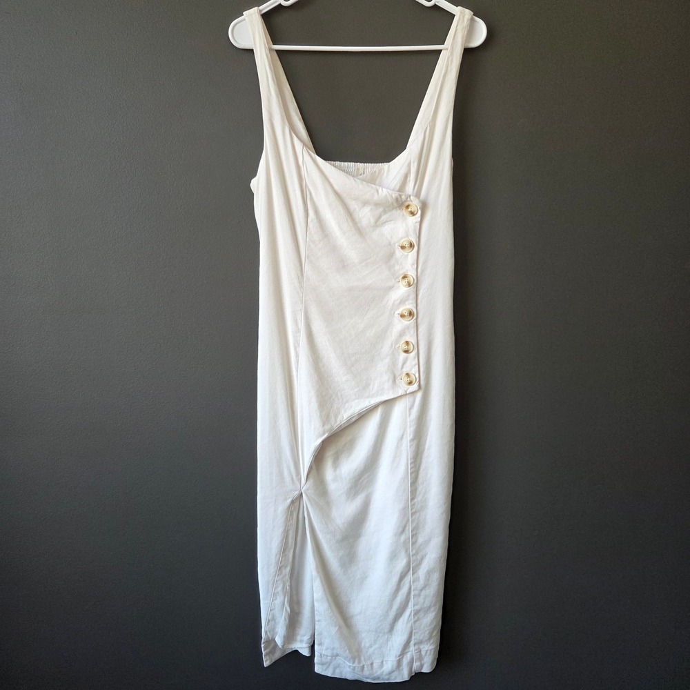 Anthropologie White Linen Blend Asymmetric Button Smocked‎ Midi Dress Small